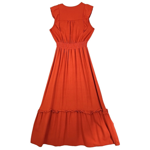 Monteau Los Angeles ~Woman Size M~ Orange Linen Blend V Neck Ruffle Maxi Dress. - Picture 13 of 15